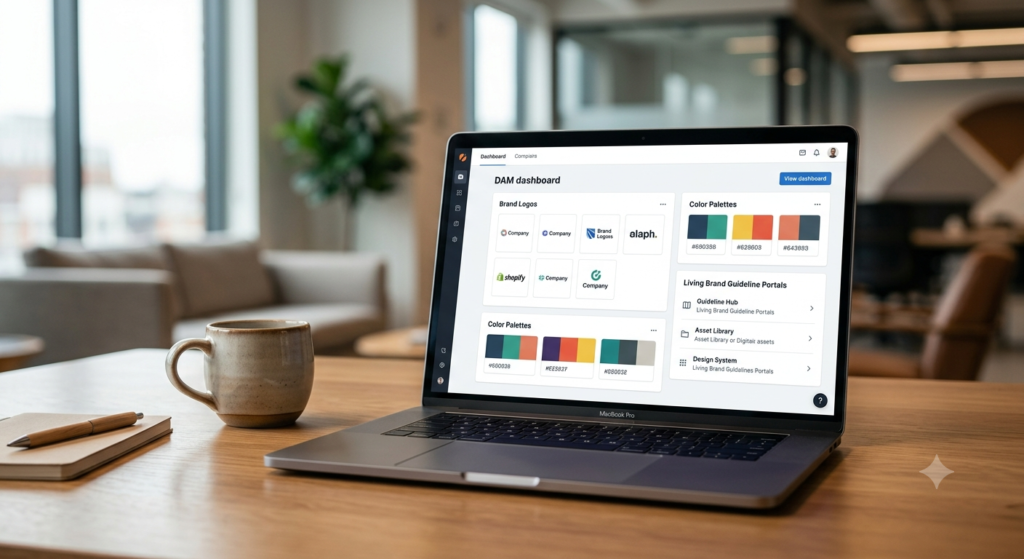 Brand Management Tools: The Complete Guide to Choosing the Right Platform in 2026 Sleek laptop dashboard showing modern brand management software and digital asset management interface.