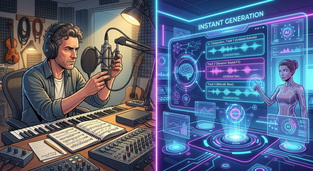 Comparison visual between traditional audio recording and AI-generated game sound design