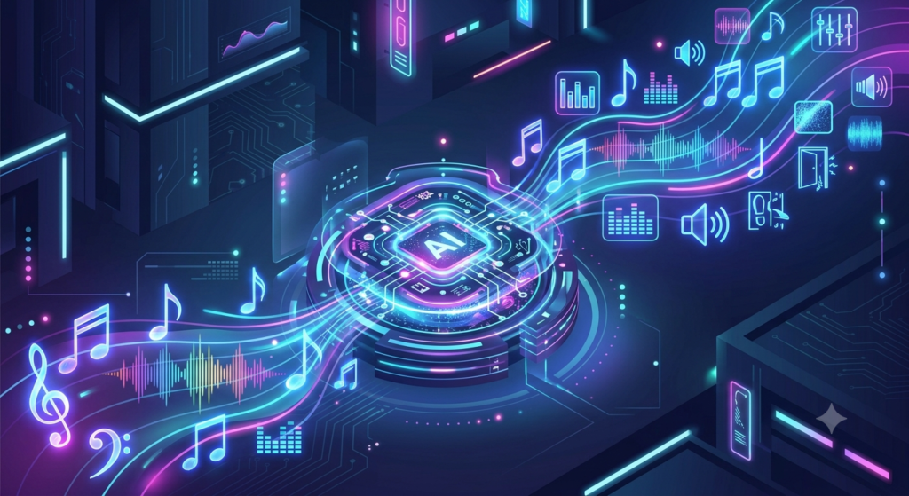 Conceptual illustration of AI generating music, sound effects, and voiceover lines