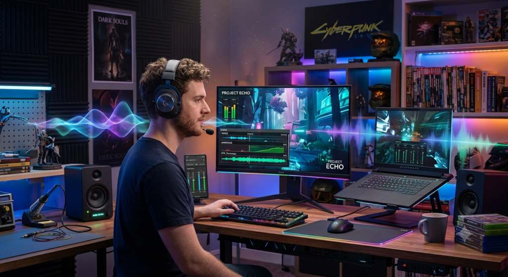Game developer testing AI game audio and sound effects across multiple devices
