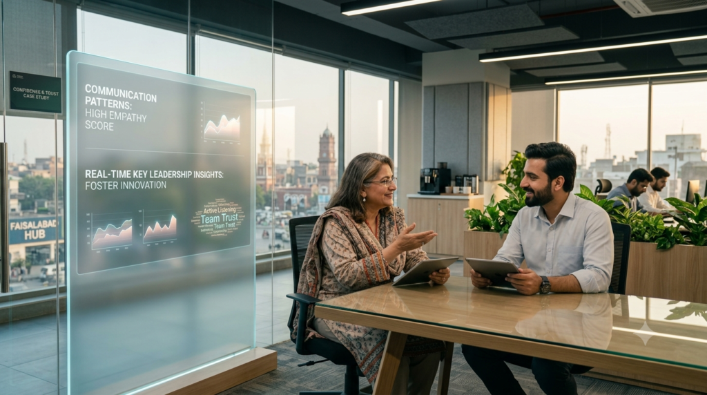 Human mentor and team manager discussing insights from an AI leadership development tool