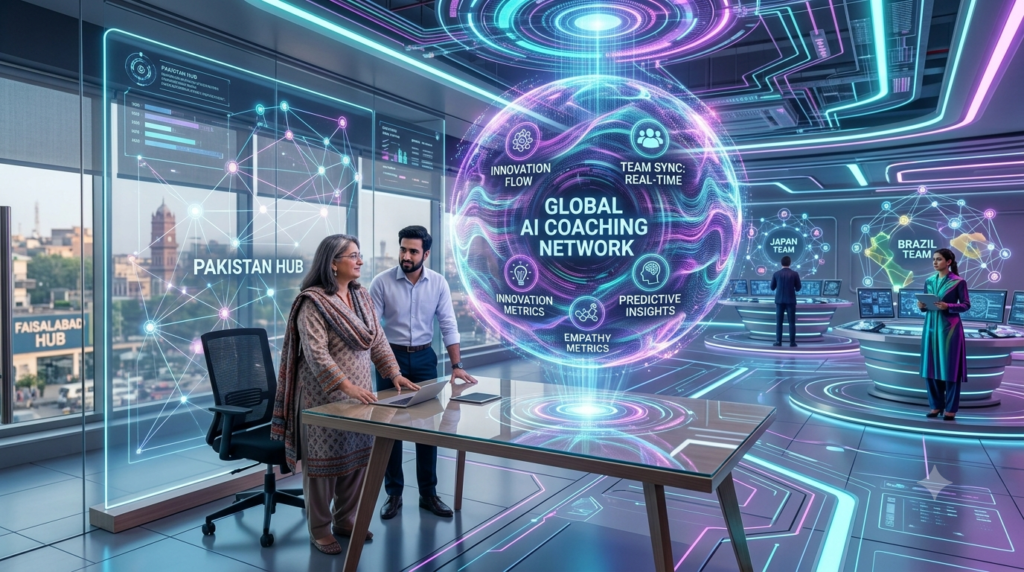 Futuristic digital network representing global remote leaders connected through AI coaching platforms
