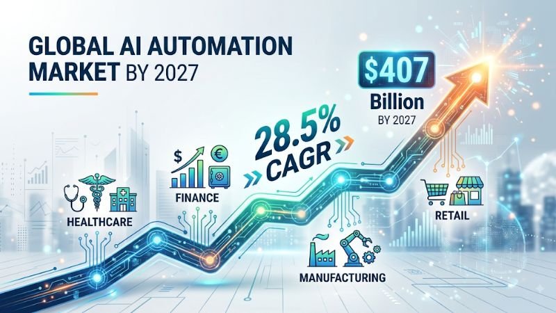 An infographic illustrating the forecasted global growth of the AI automation market and its impact across various industries towards 2027.