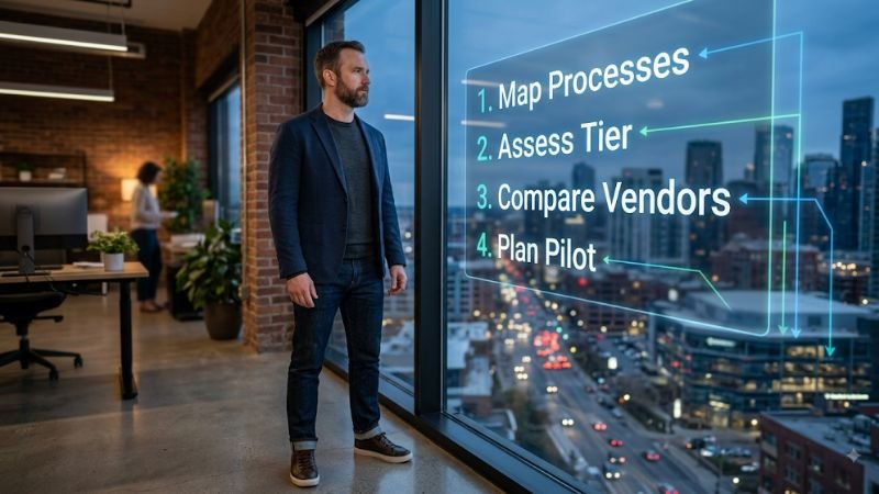 A business professional reviewing a strategic AR checklist on an office window, illustrating the steps to take from AI research to practical implementation.