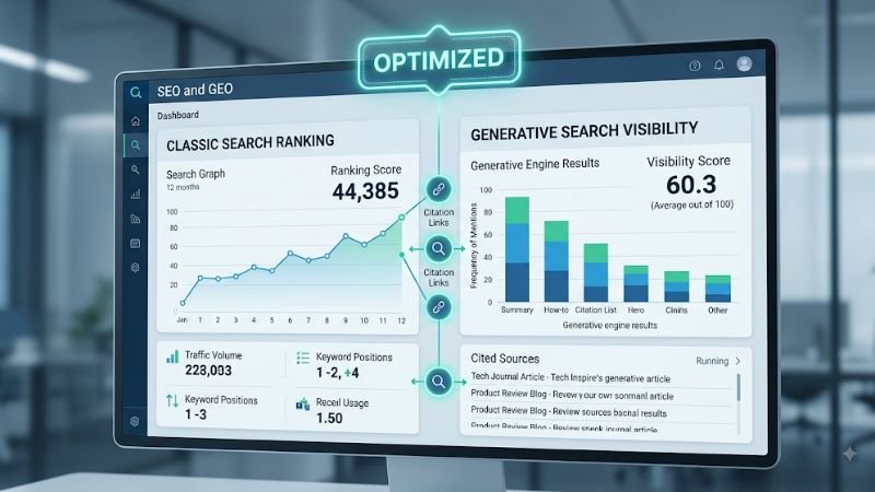 A visualization of a dashboard comparing classic search ranking and generative search visibility, illustrating the new SEO and GEO features in the April 2026 AI tool updates.