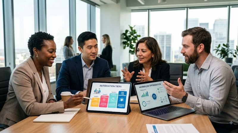 A group of business professionals collaboratively learning about AI automation for business using a tablet and laptop in a modern conference room.