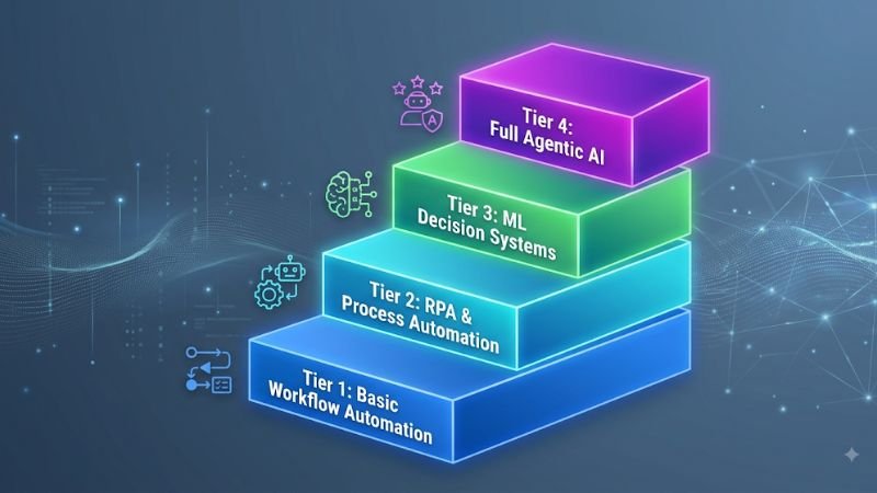 A stylized diagram illustrating Droven.io's four-tiered structure for business automation maturity, from basic workflows to advanced agentic AI.
