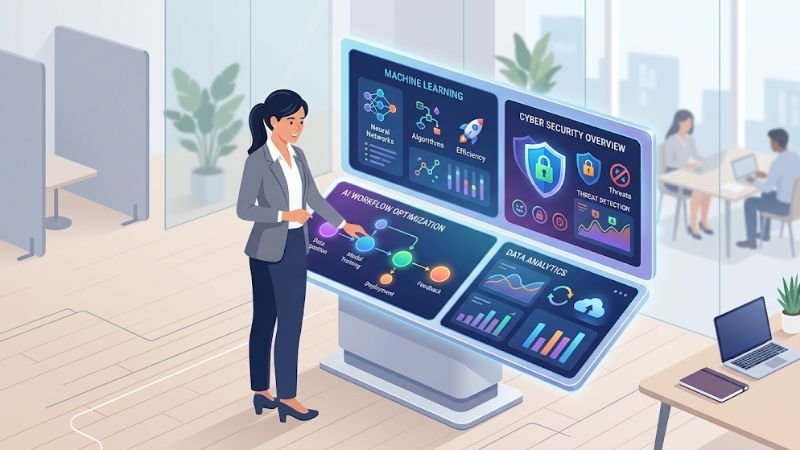 "Illustration of a user analyzing vendor-neutral AI automation guides and workflow charts."