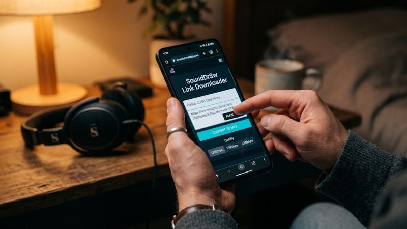Close-up shot of hands using a sleek mobile app to convert and download an audio link, set in a cozy room with headphones.