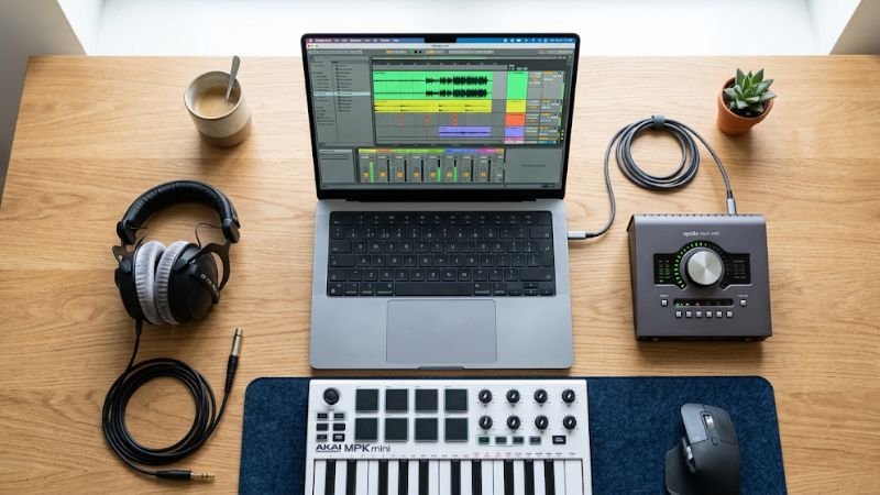 essential music production tools including laptop, midi keyboard, and studio headphones