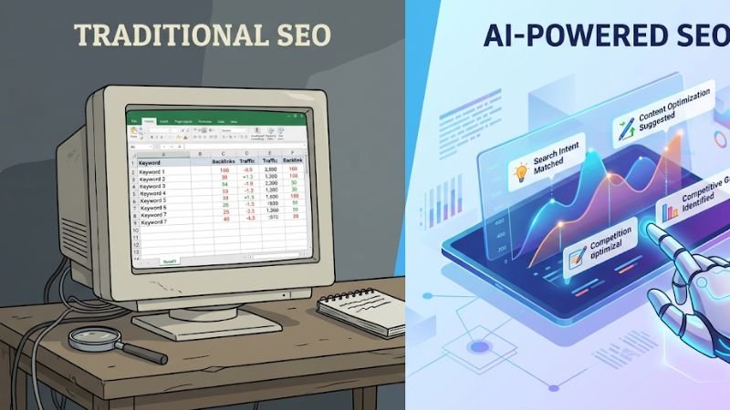 Comparison between traditional rank checkers and AI-driven SEO interpretation.
