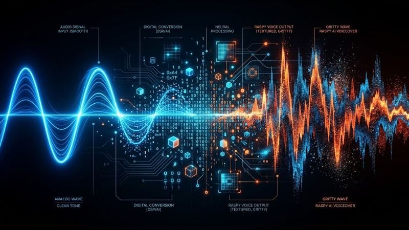 diagram showing text-to-speech AI converting script text into a textured audio waveform