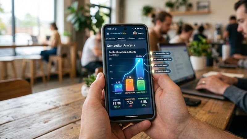 AI tool analyzing competitor keyword rankings and content gaps.