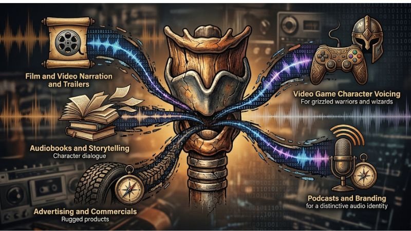 grizzled video game character concept art representing raspy AI voice use cases