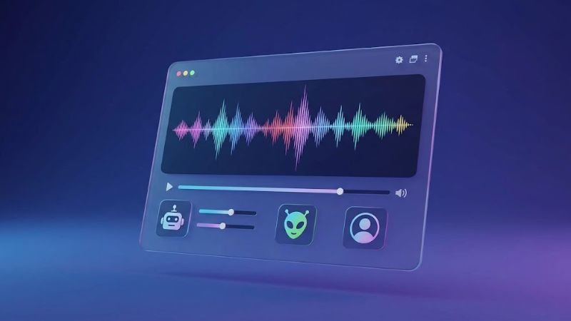 Noli Voice Changer software dashboard UI with glowing wave forms and robot avatar presets