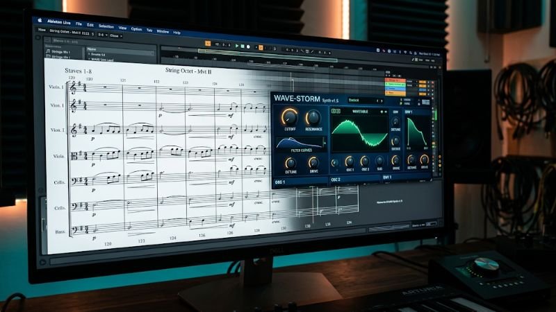 sheet music and digital audio workstation showing orchestral and electronic waveforms