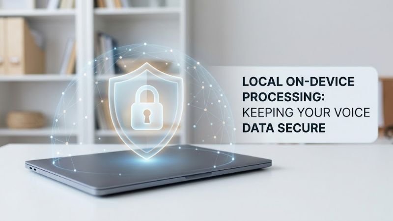 A closed laptop resting on a desk with a glowing blue security shield and padlock superimposed on the lid, symbolizing secure, local on-device processing of voice data by Anna AI.