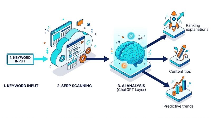 Step-by-step workflow of a ChatGPT-powered rank tracking software.