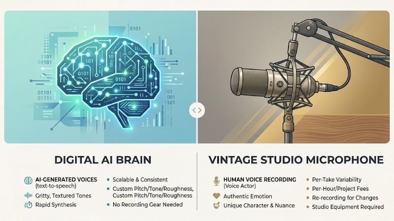 comparison graphic between AI voice generator and traditional human studio recording