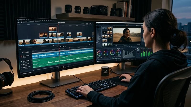 video editor syncing background music timeline with film scenes in a DAW