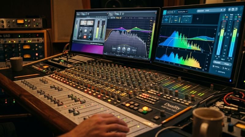 audio engineer adjusting mixing console and equalizer plugins for soundtrack mastering