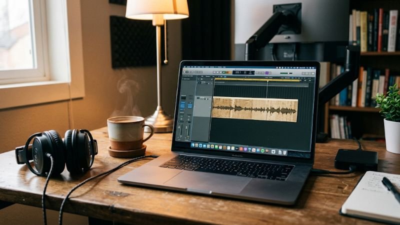 content creator workspace editing raspy AI voiceover tracks on a laptop