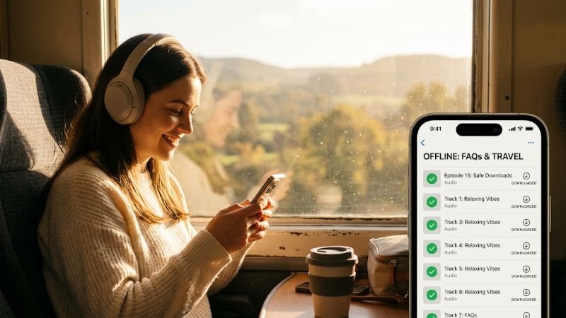 Using an audio downloader for offline listening on a mobile phone while traveling on a train.