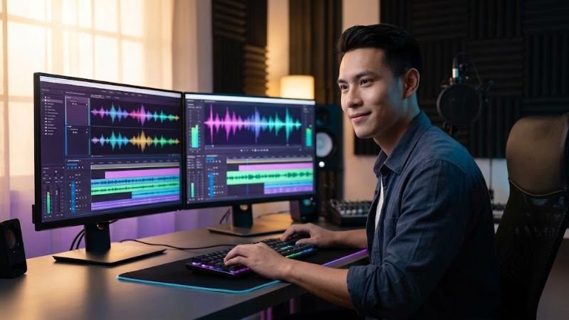 Content creator editing audio tracks in a studio using the Noli Voice Changer