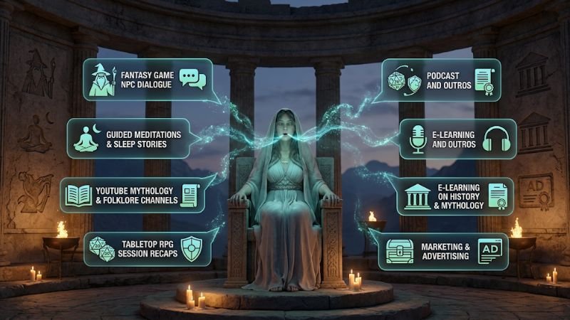 Use cases for mystical AI text-to-speech tools in gaming, storytelling, and media.