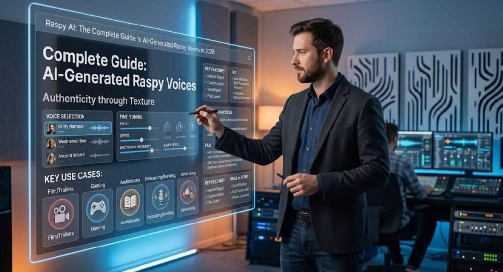 cinematic audio recording setup with waveform display for AI voice generation