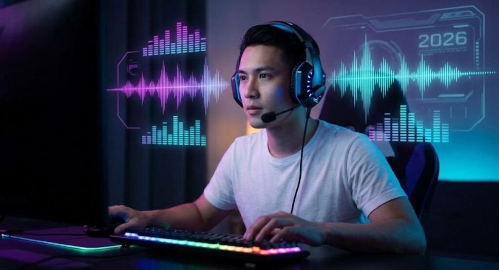 A gamer wearing a headset and using the Noli Voice Changer with glowing holographic soundwaves in a futuristic gaming room