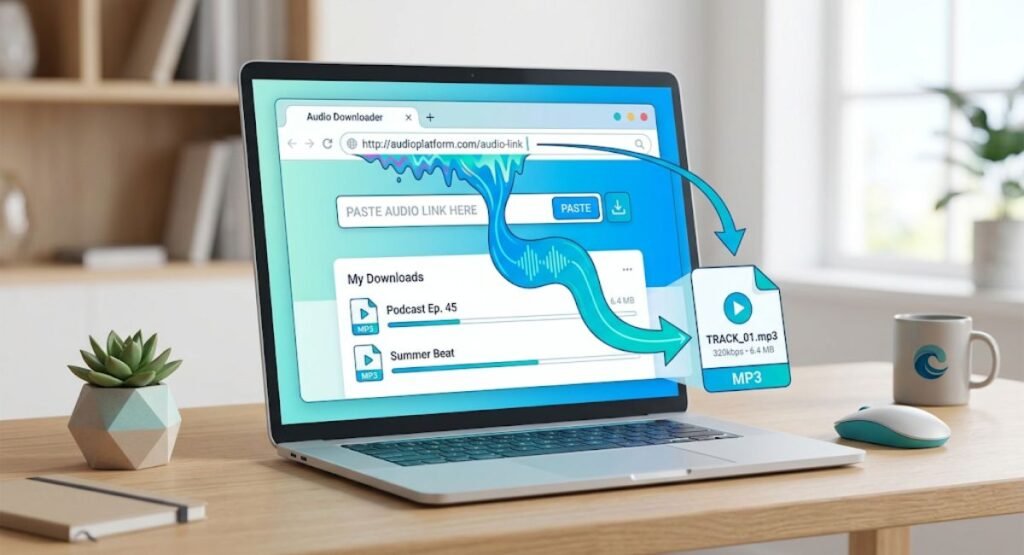 An illustration of an online audio link downloader converting a URL into an MP3 file on a laptop."