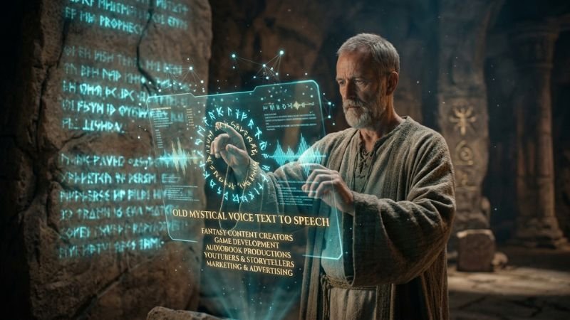 Wise wizard using a futuristic holographic AI audio interface in an ancient stone chamber.