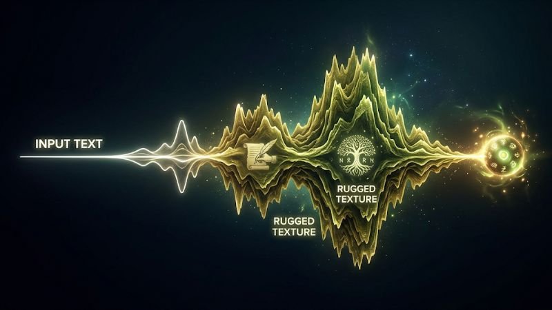 Mystical audio waveform visualization showing text-to-speech voice generation.