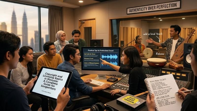 A creative Malaysian music production layout featuring a laptop with audio software, a notebook with songwriting tips, a copyright registration certificate, traditional instruments like a sape and rebana, and visual icons illustrating practical mixing steps.