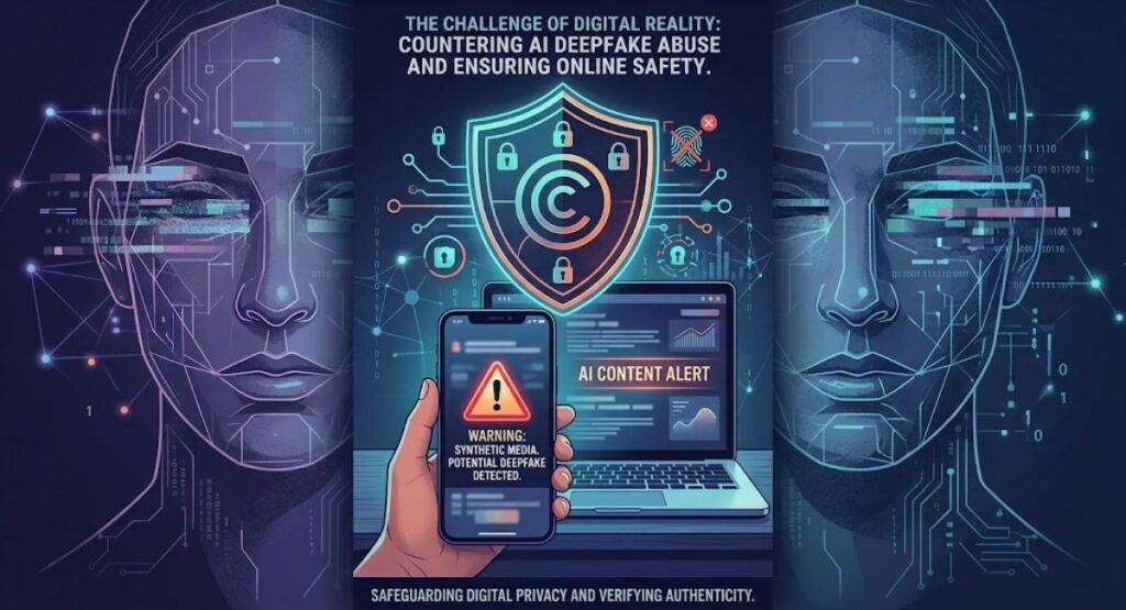 AI deepfake abuse and online safety illustration