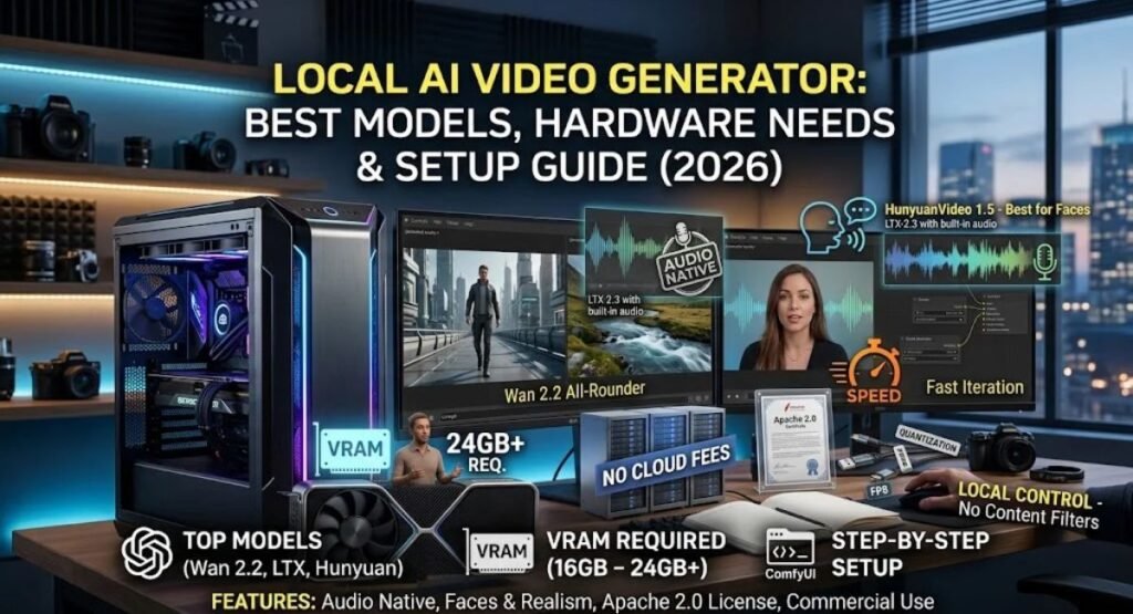 High-end gaming PC setup running a local AI video generator with ComfyUI and open-source models